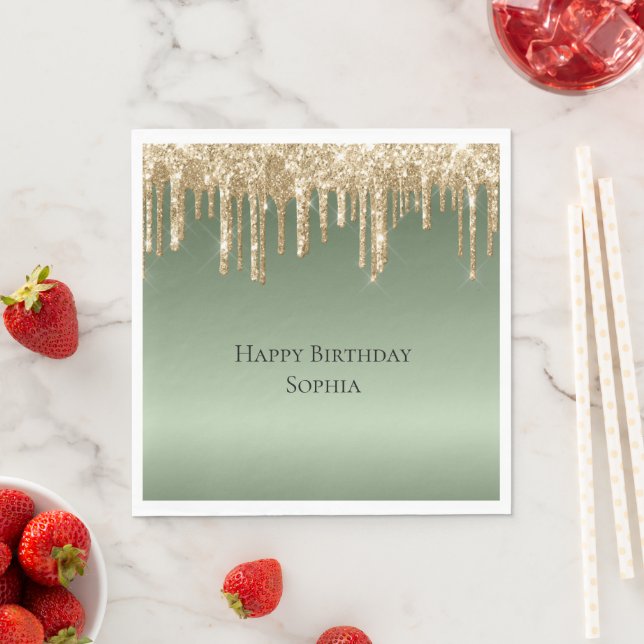 Serviette En Papier Parties scintillant Sage Green Gold Sparkle Drithd (En situation)