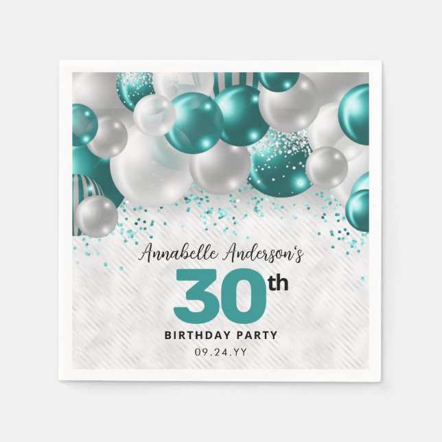 Serviette En Papier Parties scintillant turquoise de ballon d'argent v (Devant)