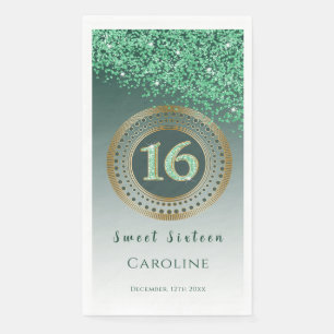 Serviette En Papier Parties scintillant verte & Gold Sweet 16 Monogram