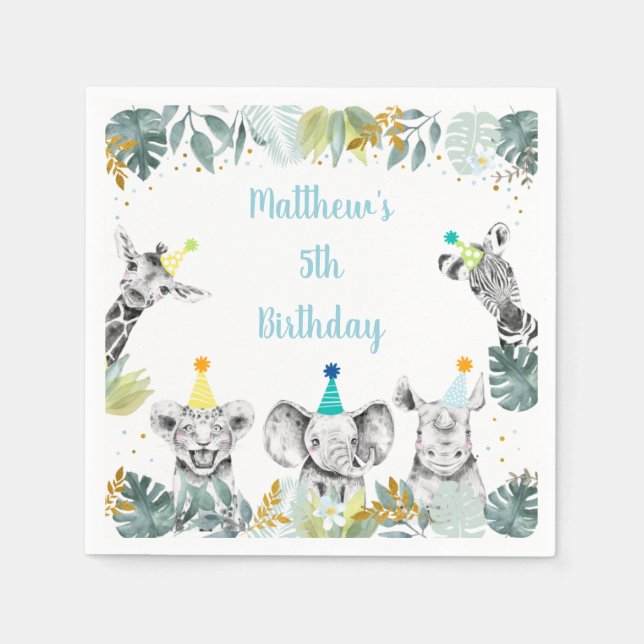 Serviette En Papier Party Animal Blue Gold Safari Anniversaire (Devant)