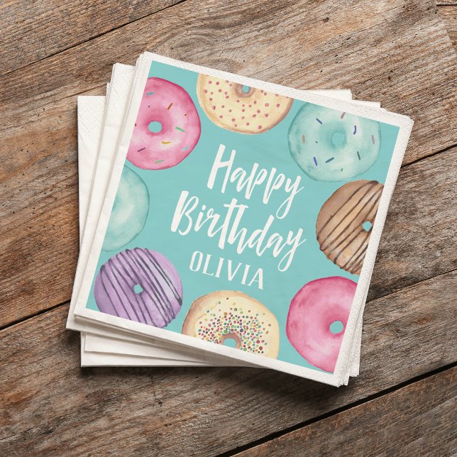 Serviette En Papier Pastel Aquarelle Donut Personnalisé Anniversaire (Créateur téléchargé)