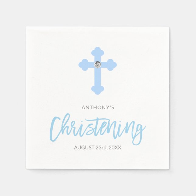 Serviette En Papier Pastel Blue Boy Cross CHRISTENING Personnalisé (Devant)