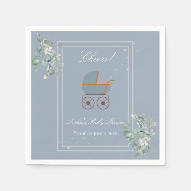 Serviette En Papier Pastel Blue Stripes Baby Carriage Baby Shower (Devant)