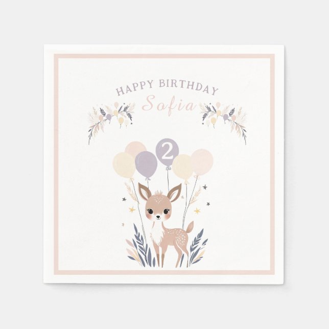Serviette En Papier Pastel Boho Fawn et Ballons Anniversaire (Devant)