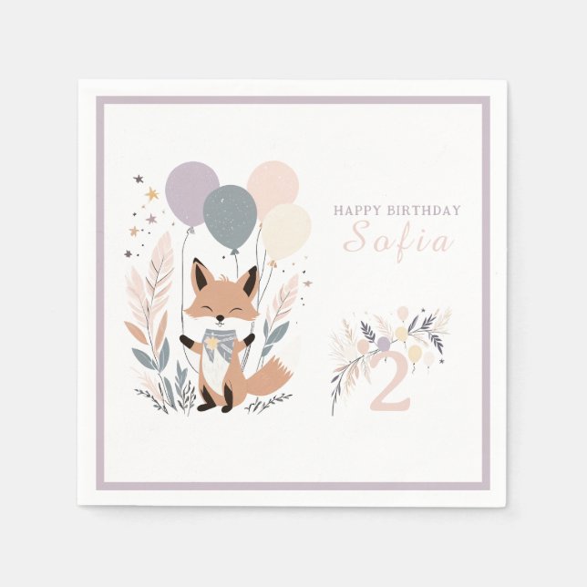 Serviette En Papier Pastel Boho Fox et Balloons Anniversaire (Devant)