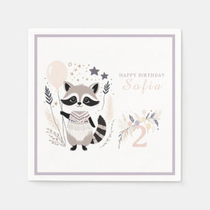 Serviette En Papier Pastel Boho Raccoon et Ballons Anniversaire