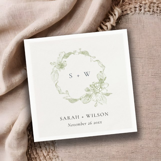 Serviette En Papier Pastel Dusky Green Floral Wreath Mariage Monogramm (Créateur téléchargé)
