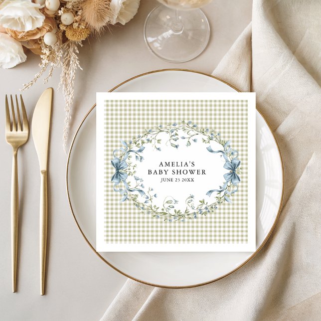 Serviette En Papier Pastel Gingham Blue Floral Baby Shower (Créateur téléchargé)