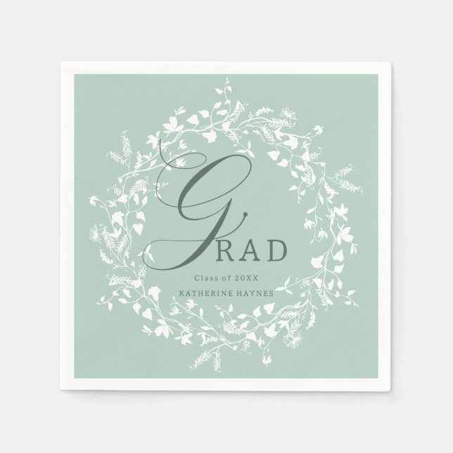 Serviette En Papier Pastel Green White Fleur sauvage Wreath Graduation (Devant)