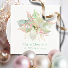 Serviette En Papier Pastel Joyeux Noël Poinsettia Pink Sage Or