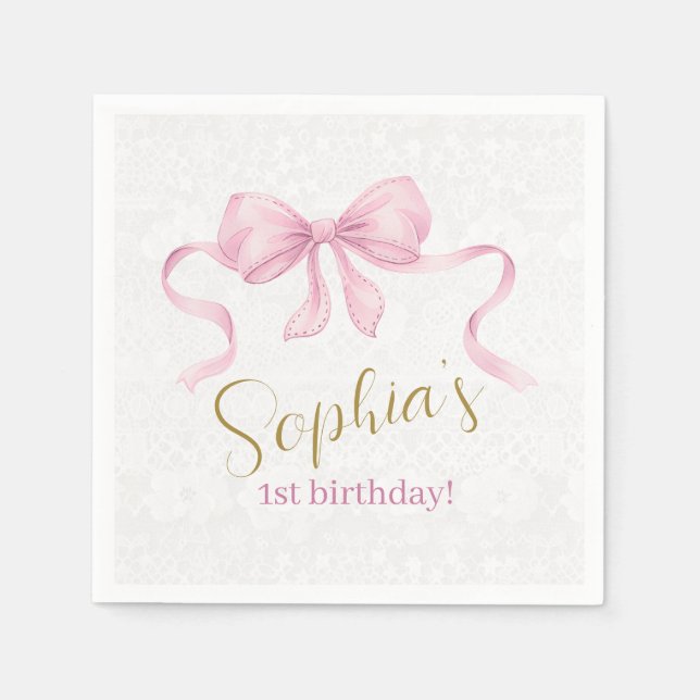 Serviette En Papier Pastel Pink Bow & Elegant Gold Script Anniversaire (Devant)