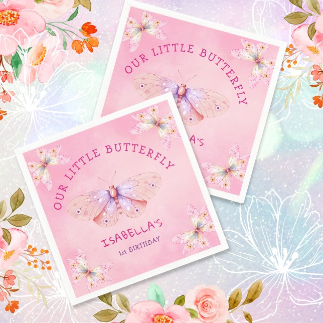 Serviette En Papier Pastel Pink Butterfly Theme Fille 1er anniversaire (Pastel Pink Butterfly Theme Girl's 1st Birthday Napkins
)