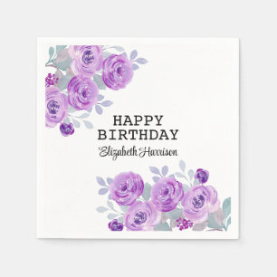 Serviette En Papier Pastel Purple Rose Floral Verdure Joyeux Anniversa