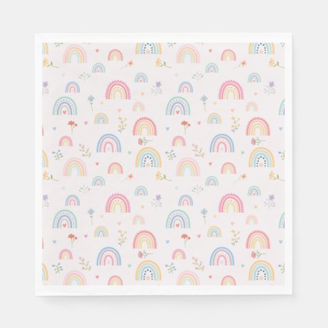 Serviette En Papier Pastel Rainbows Girly Fleurs sauvages & Coeurs (Devant)