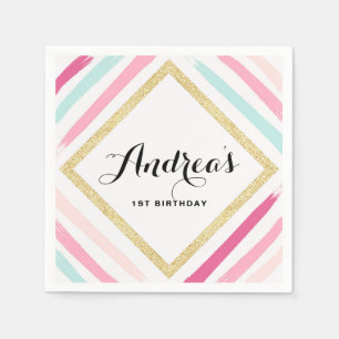 Serviette En Papier Pastel Stripes & Gold Parties scintillant Annivers