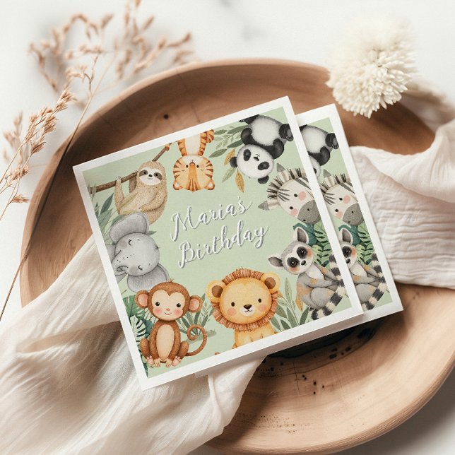 Serviette En Papier Pastel Tropical Wild One Jungle Safari Animaux (Créateur téléchargé)