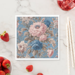 Serviette En Papier Pastel Victorien Bleu Et Fleurs Roses