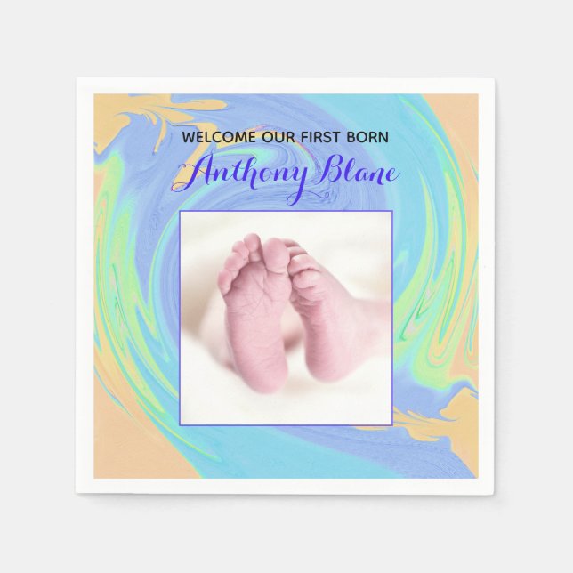 Serviette En Papier Pastel Welcome First Né Avec Photo (Devant)