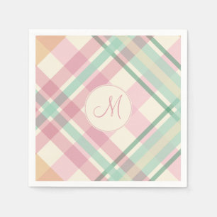 Serviette En Papier pastels à la menthe de printemps plaid avec monogr