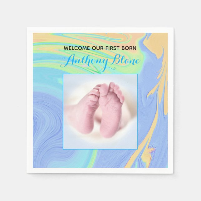 Serviette En Papier Pastels et Blue "Sip and See" avec photo (Devant)