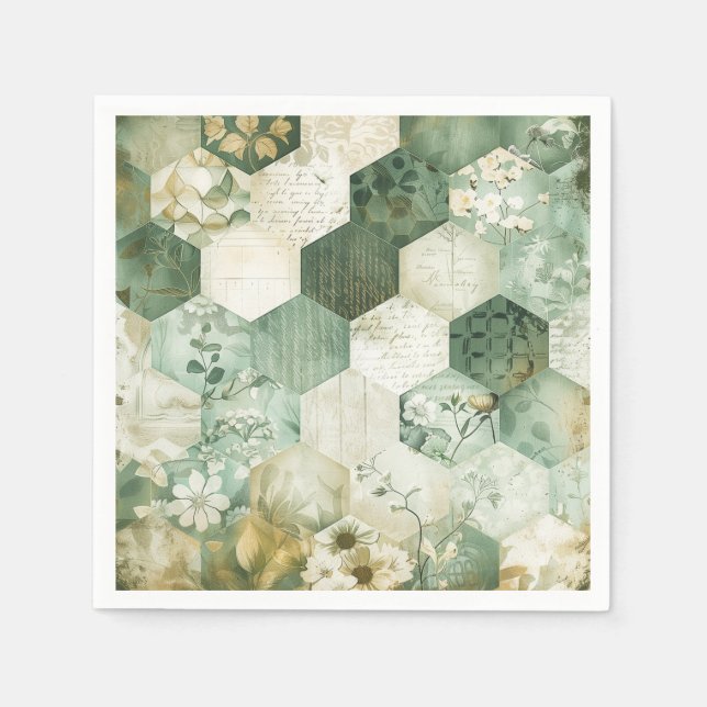 Serviette En Papier Patchwork Botanique Hexagonal Vintage (Devant)