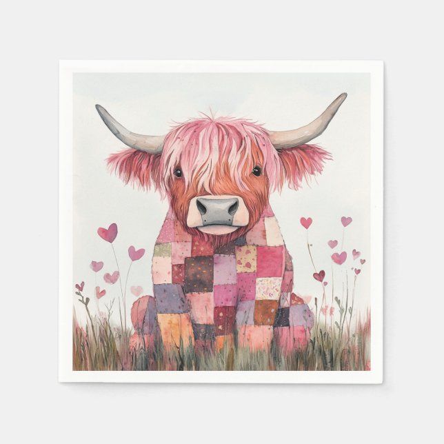 Serviette En Papier Patchwork Highland Cow Valentine (Devant)
