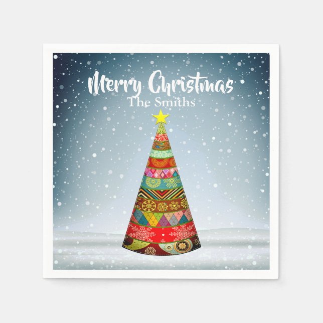 Serviette En Papier Patchwork sapin de Noël sous neige (Devant)
