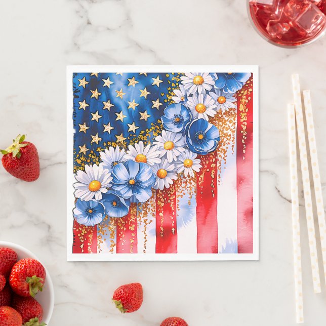 Serviette En Papier Patriotic American Flag Floral Glitter (En situation)