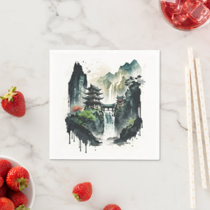 Serviette En Papier Paysage antique de l'encre chinoise avec cascade