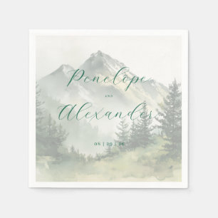 Serviette En Papier Paysage de montagne à l'aquarelle bleu-vert tranqu