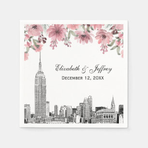 Serviette En Papier Paysage de NYC ESB Gravure Fleur Rose Aquarelle