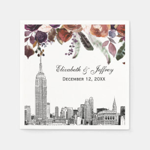 Serviette En Papier Paysage de NYC ESB Gravure Mariage Floral Bourgogn