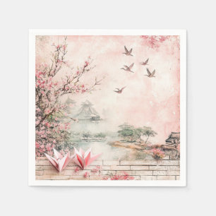 Serviette En Papier Paysage de sérénité aux cerisiers en fleurs roses