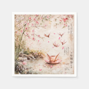 Serviette En Papier Paysage de sérénité aux cerisiers en fleurs roses 