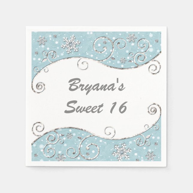 Serviette En Papier Paysage d'Hiver Argenté Tourbillons Bleu (Devant)