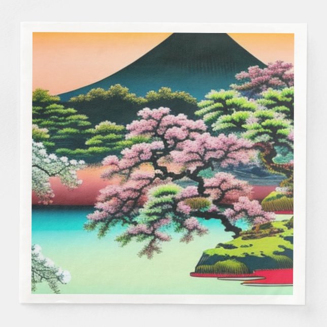 Serviette En Papier Paysage Fleurs de cerisiers asiatiques (Devant)
