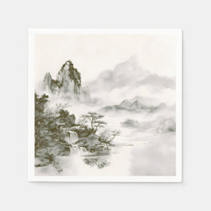 Serviette En Papier Paysage minimaliste de montagne zen à l'encre brum