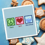 Serviette En Papier Peace Love Hanoukka Menorah Cute Blue Party<br><div class="desc">Peace Love Hanoukka serviette pour une personne juive qui aime célébrer Chanukah. Un joli signe de paix,  coeur,  et une belle menorah sur des serviettes bleues de fête.</div>