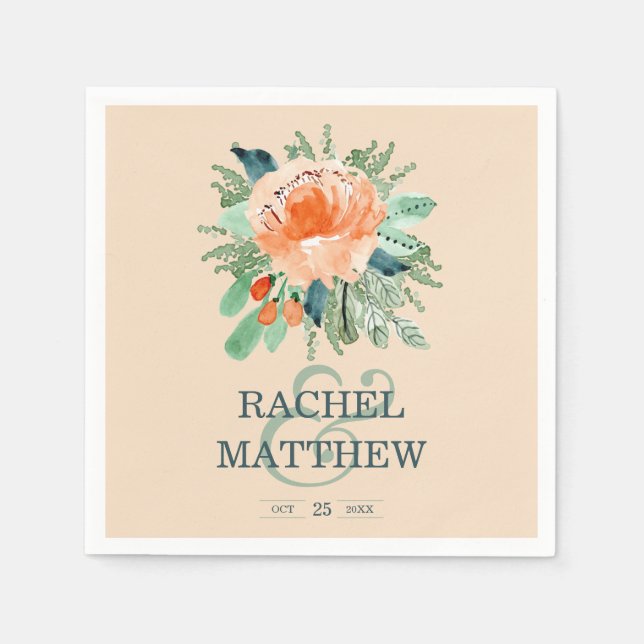 Serviette En Papier Peach Jade Turquoise Floral Aquarelle Mariage (Devant)