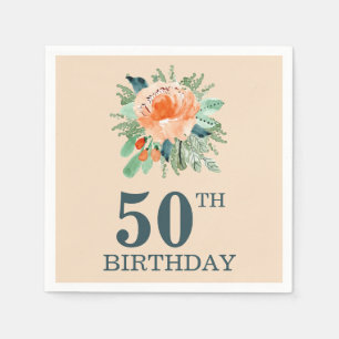 Serviette En Papier Peach Jade Turquoise Floral Watercolor Anniversair