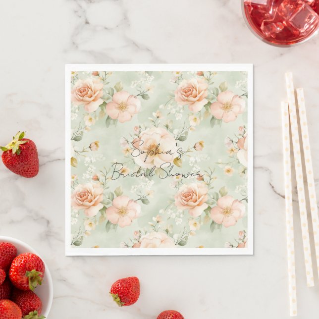 Serviette En Papier Peach Mint Pretty Rose Floral Bridal Shower (En situation)