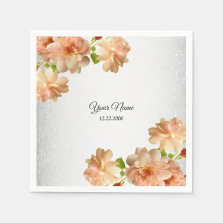 Serviette En Papier Peach Roses Floral Silver Glitter Wedding Party