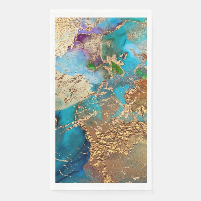 Serviette En Papier Peacock bleu violet faux or feuille chic (Devant)