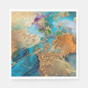 Serviette En Papier Peacock bleu violet faux or feuille stylisée