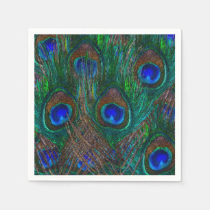 Serviette En Papier Peacock Coloré Plumes Etching Style