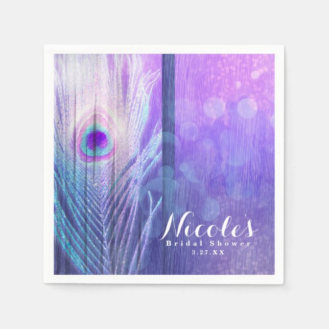 Serviette En Papier Peacock Plumes violet Glam Boho Chic Personnalisé  (Devant)