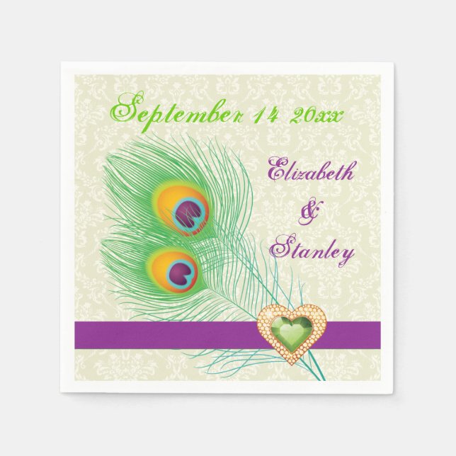 Serviette En Papier Peacock plumes violet, vert joyau mariage (Devant)