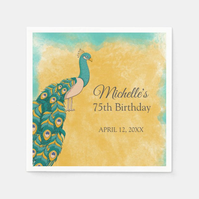 Serviette En Papier Peacock Turquoise Jaune 75e anniversaire (Devant)