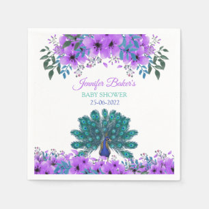 Serviette En Papier Peacock vert et bleu   Fleurs d'aquarelle violette