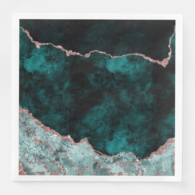 Serviette En Papier Peacock Vert & Rose Gold Agate Mariage Aquarelle (Devant)